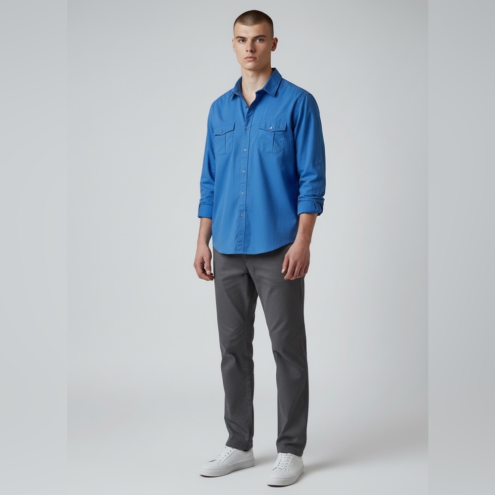 Bruno Mens Blue Button Down Shirt Long Sleeves Roll Up Tabs Casual Size Medium